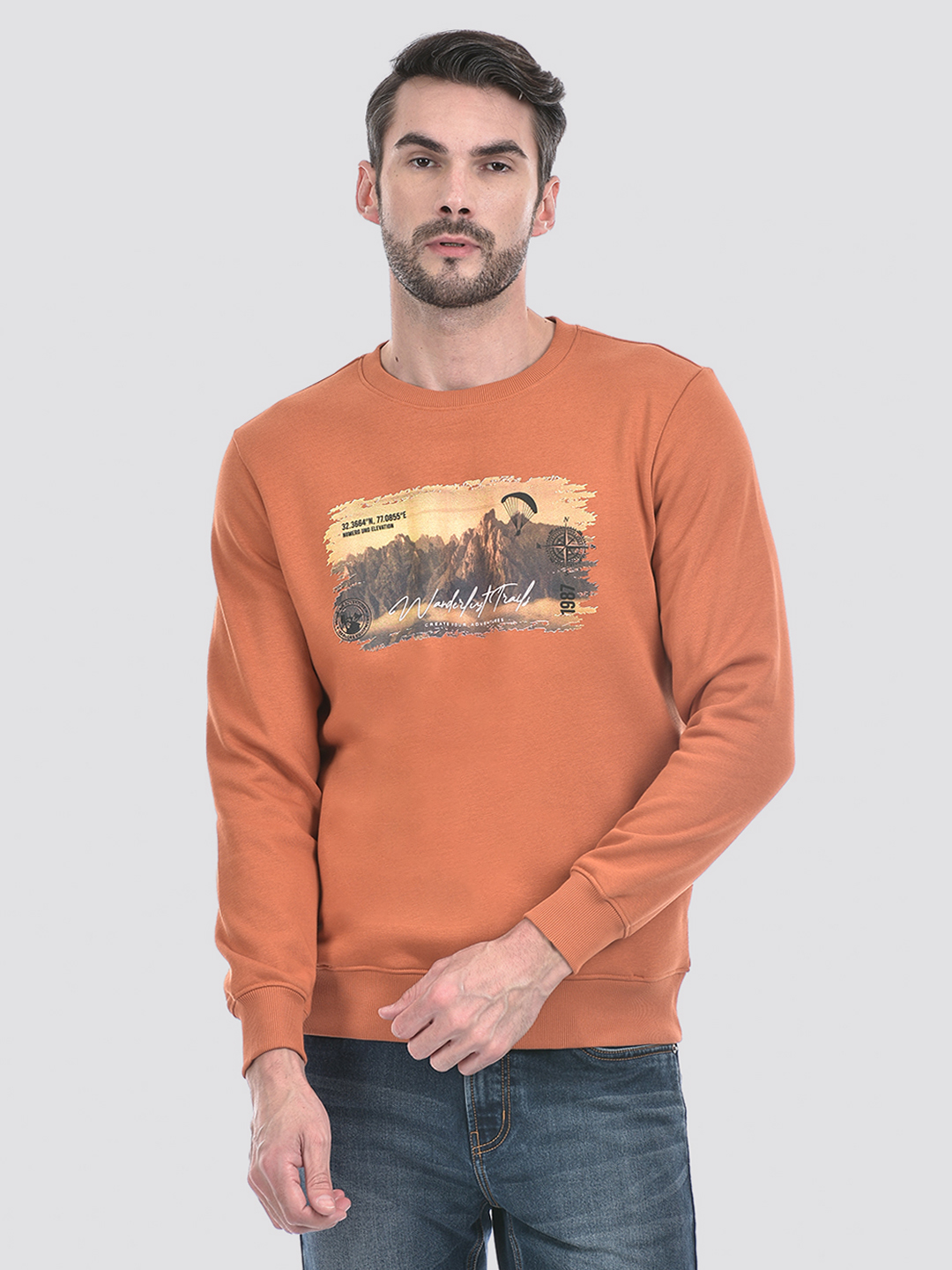 Numero Uno Men Orange Printed Round Neck Brushed Fleece Sweatshirt